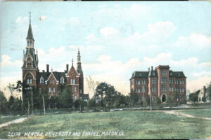 Image of an antique postcard with the label "20178 Mercer University and chapel, Macon, GA