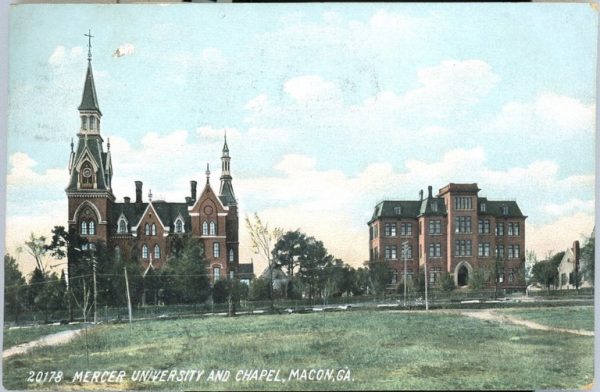 Image of an antique postcard with the label "20178 Mercer University and chapel, Macon, GA